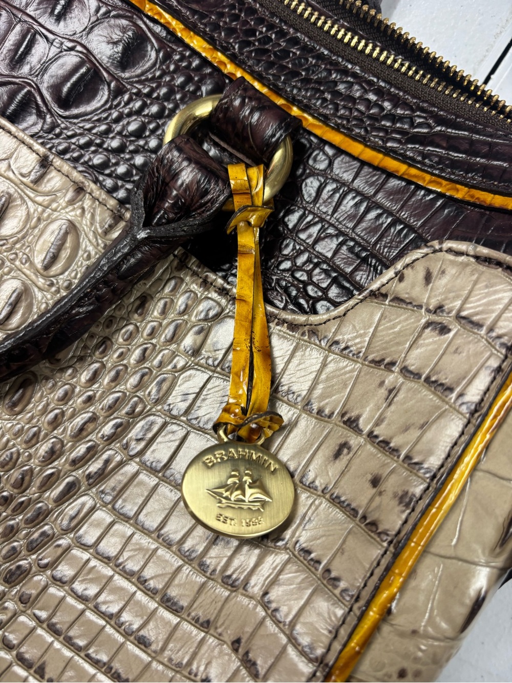 Brahmin Croc-Embossed Satchel in Beige and Dark Brown with Yellow Trim - Picture 9 of 16